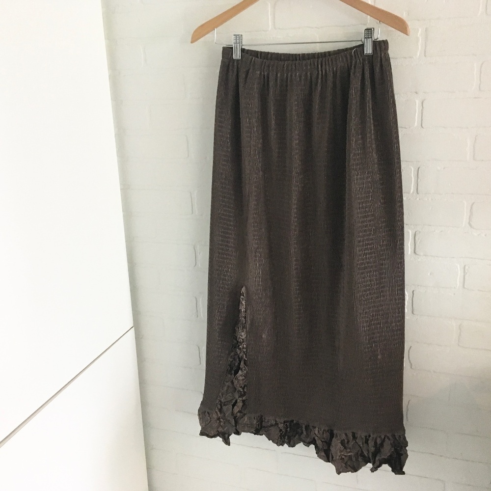 Vintage 90s Y2K Maxi Skirt Slinky Taupe brown Iridescent Ruffled hem Fairy OS